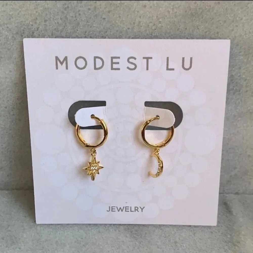 Gold Crystal Moon and Star Huggie Hoop Earrings